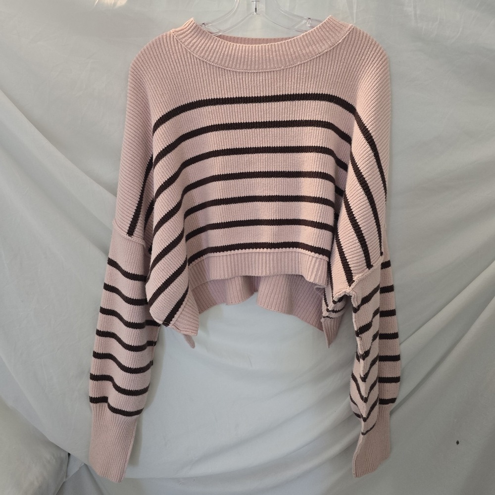 Free People Easy Street Stripe Pullover Cropped Oversized Sweater Pink Lotus L